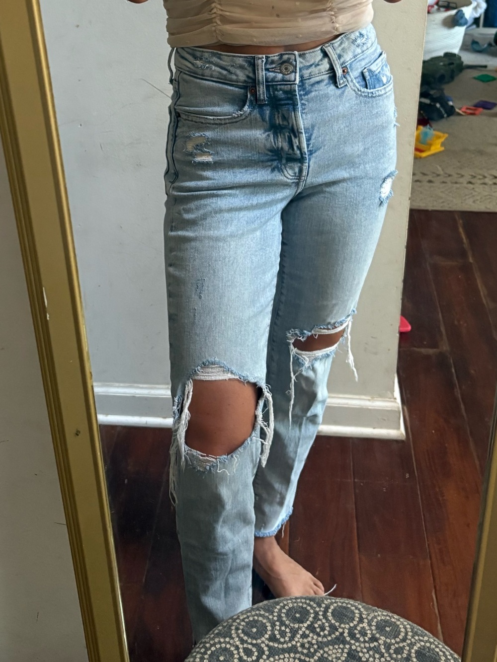 Old Navy Light Blue Distressed Straight-Leg Jeans